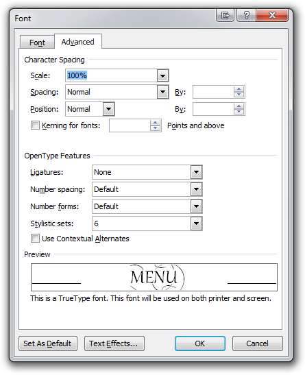 The Advanced Font Menu in Word 2010