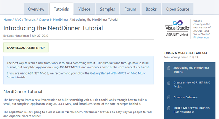 Example Nerddinner Tutorial with Multi-part article navigation at right
