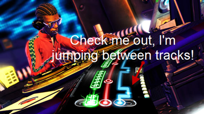 Picture of the tracks on the record in DJ Hero as the DJ moves between tracks