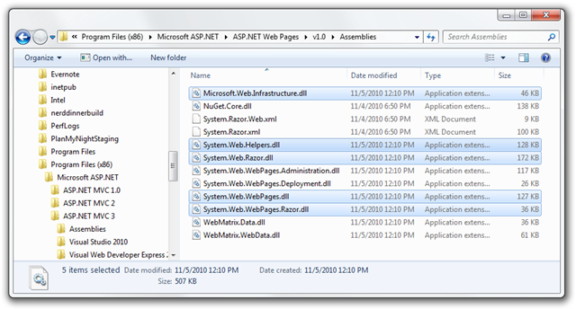Windows Explorer showing the Assemblies that ASP.NET MVC and Web Pages needs for BIN Deployment