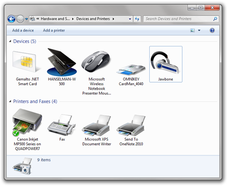Devices and Printers in Windows 7 showing my Jawbone