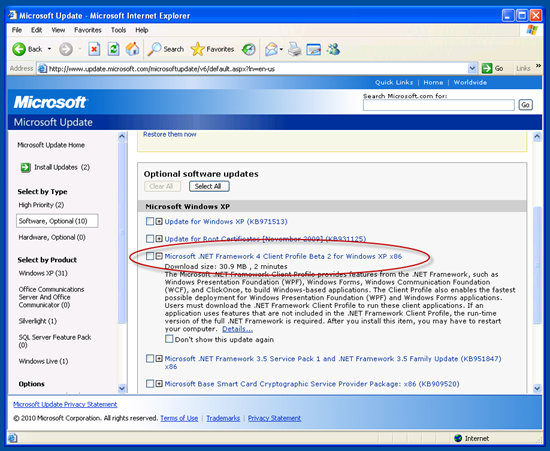 The .NET Framework 4 Client Profile Beta 2 being offered in Windows Update