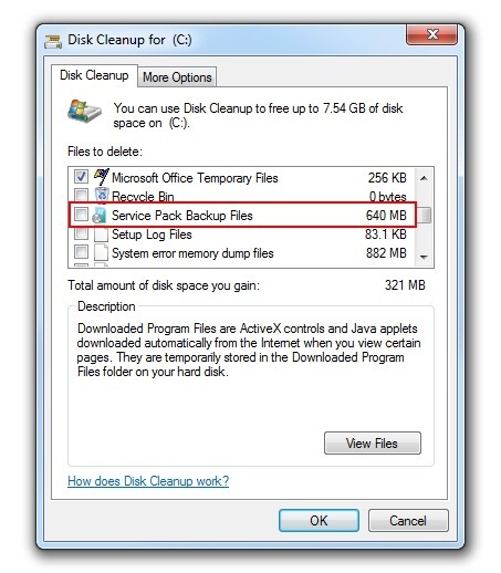 Win 7 SP1 Disk Cleanup - removing Service Pack Backup Files