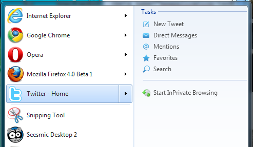 Image of Twitter pinned to the Start Menu with the Twitter JumpList showing