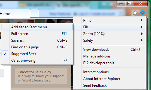 Screenshot of File | Add site to Start menu