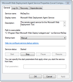 Microsoft Web Deployment Agent Service Properties (Local Computer)