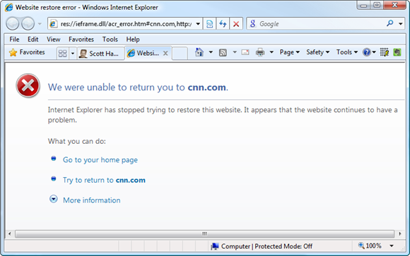 Website restore error - Windows Internet Explorer