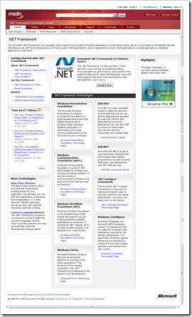 Screenshot of the .NET Framework page on MSDN