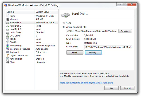 Windows XP Mode - Windows Virtual PC Settings 