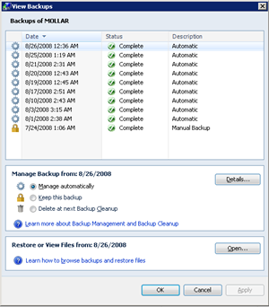 Home Server dialog showing a list of backups for my wife's computer