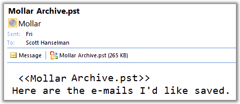 Picture of a message in Outlook with a PST file NOT being blocked